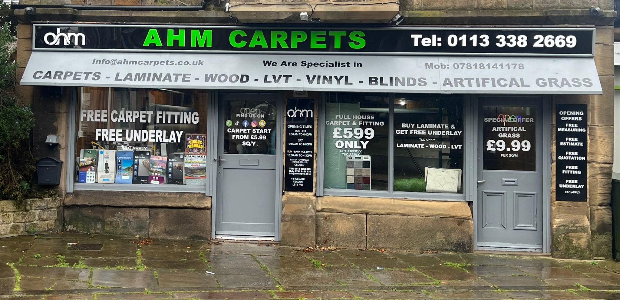 The AHM Carpets shop on Ivegate in Yeadon, with green lettering above the windows