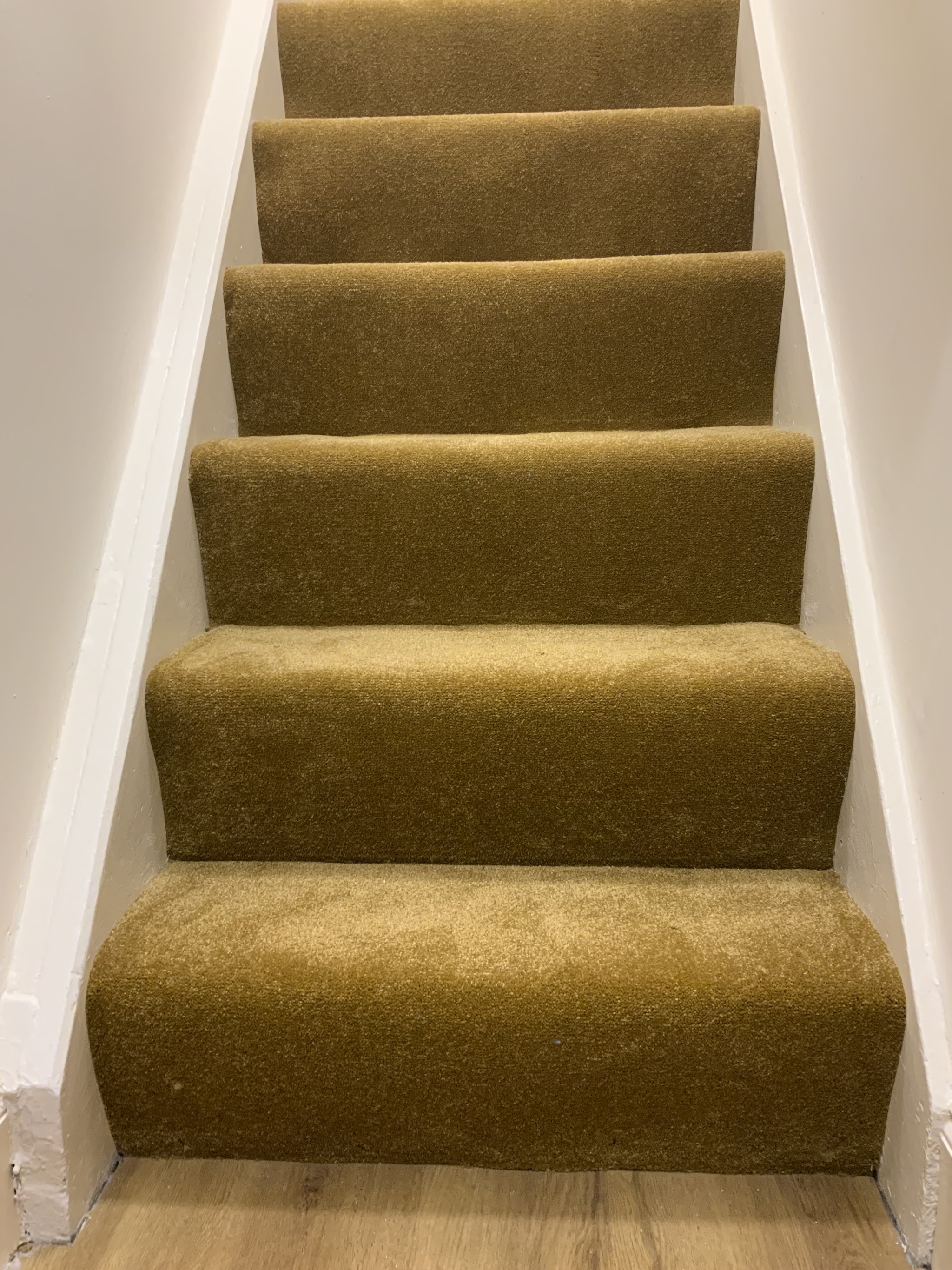 Mustard carpet fitted neatly over a staircase